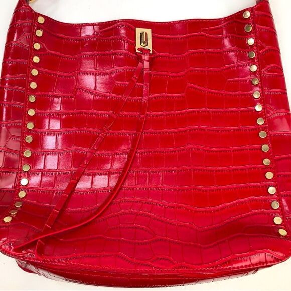 Kate & Mallory Red Studded Croc Embossed Faux Leather Shoulder Bag and Pouch - Picture 6 of 16